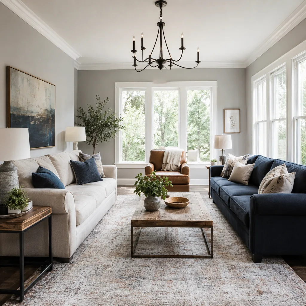 Realistic editorial photo of a living room with sofas in different upholstery colors, pillows, wall paint, and daylight showing ignoring how evening light chang