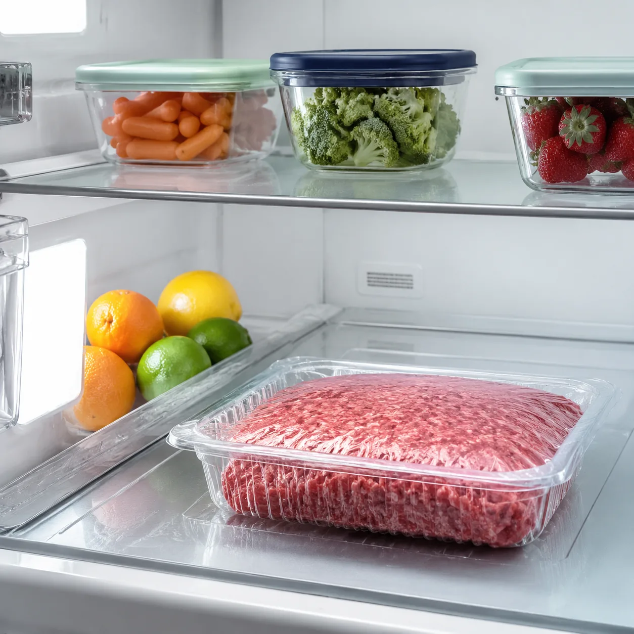 Realistic editorial photo of a package of ground beef in a sealed container on the bottom refrigerator shelf, clean orga