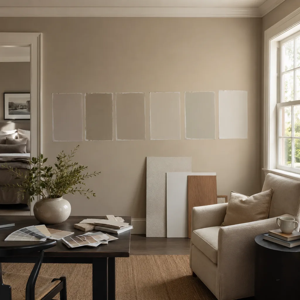 Realistic editorial photo of a room with paint swatches, sample boards, wall colors, trim, furniture, and daylight showing builder beige in a low-light room