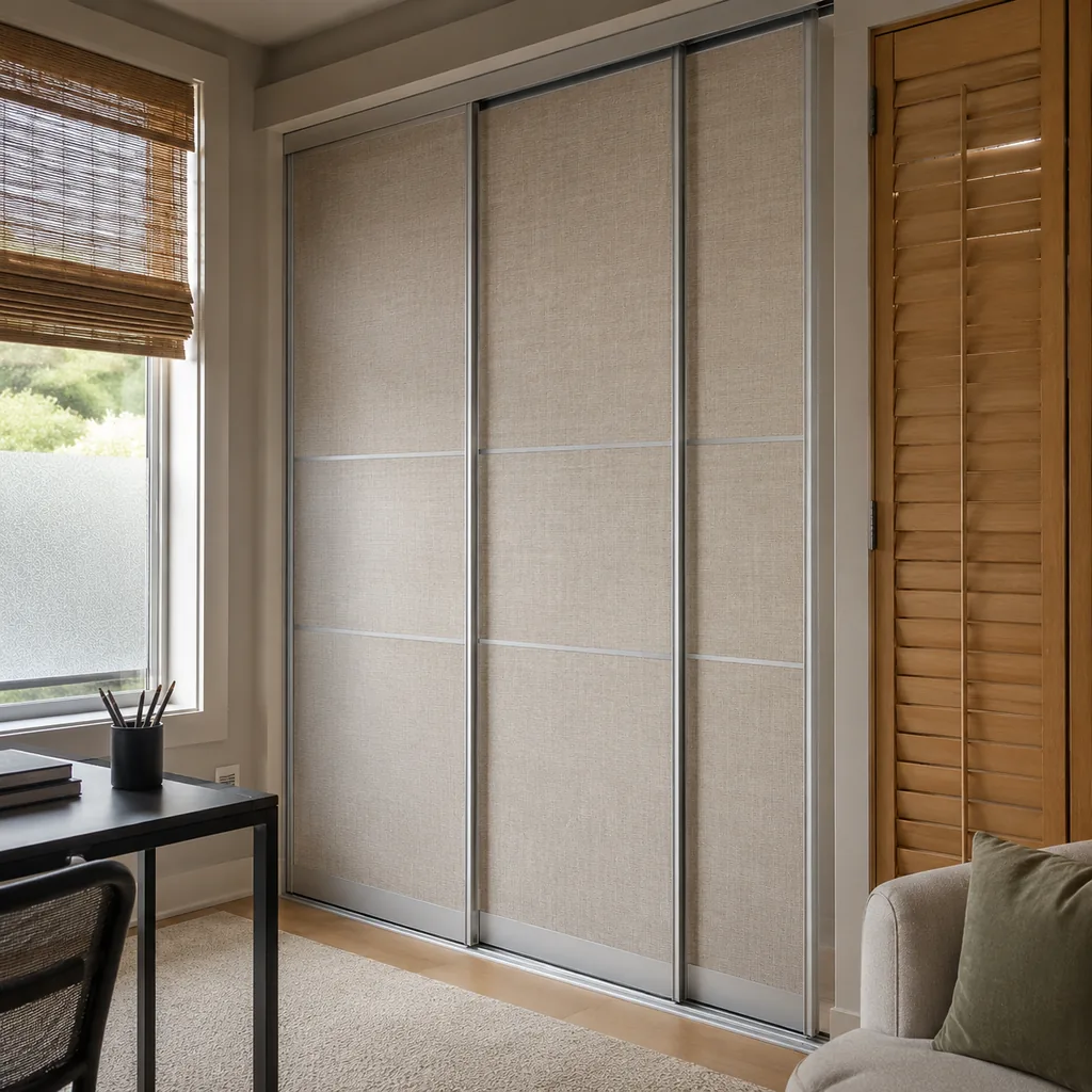 Realistic editorial photo of a room with windows, shades, shutters, woven panels, privacy film, and soft natural light showing sliding panels that look too offi
