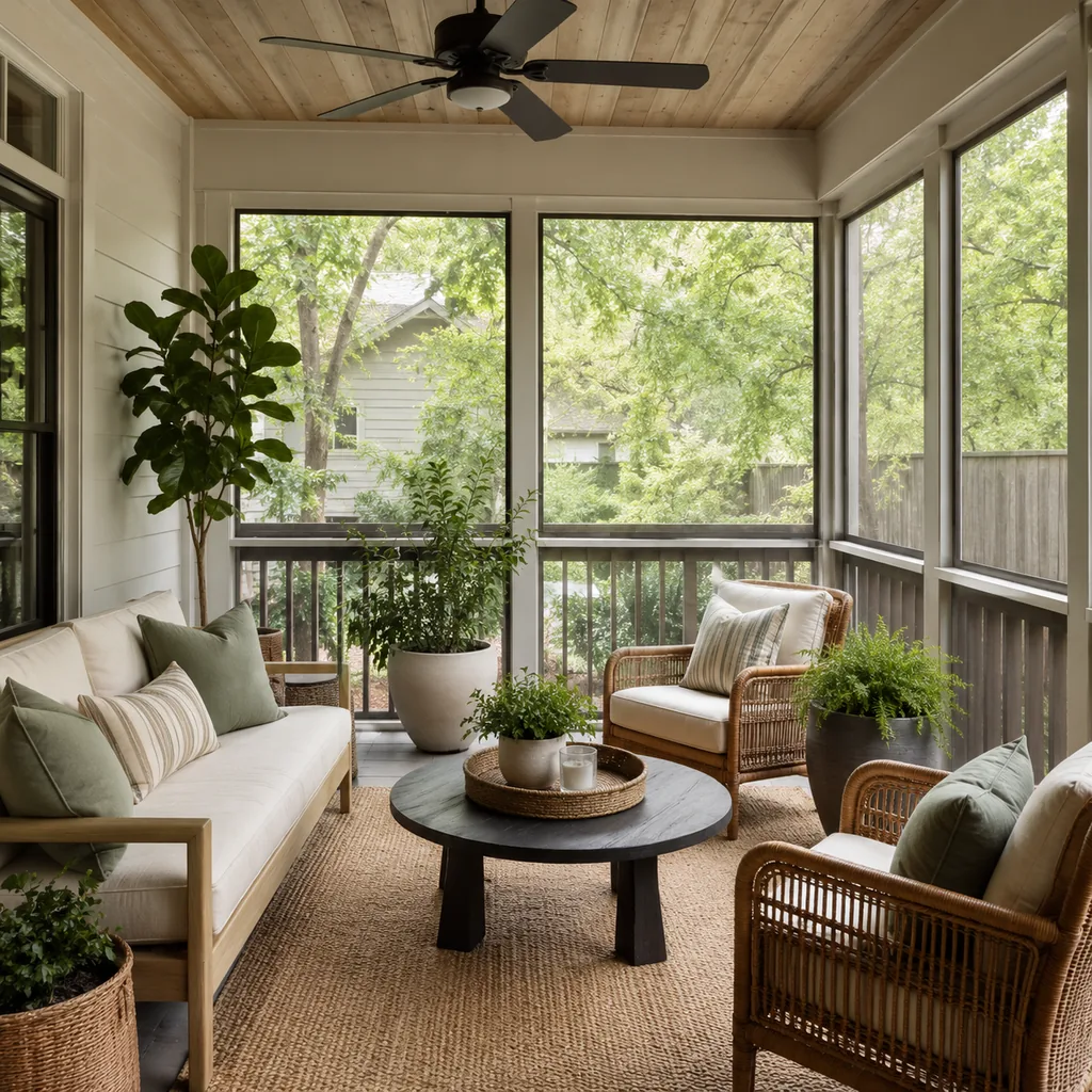 Realistic editorial photo of a screened porch with sofa, chairs, rug, plants, ceiling fan, screens, and soft daylight showing simple color palette for pots and
