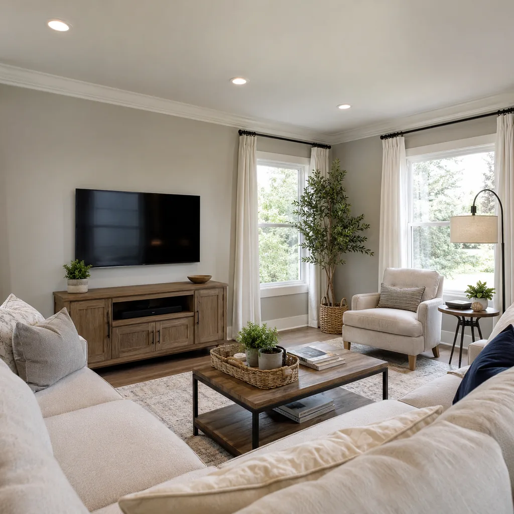 Realistic editorial photo of a staged American living room with sofa, rug, windows, lighting, and buyer-facing details showing tv height that does not strain th