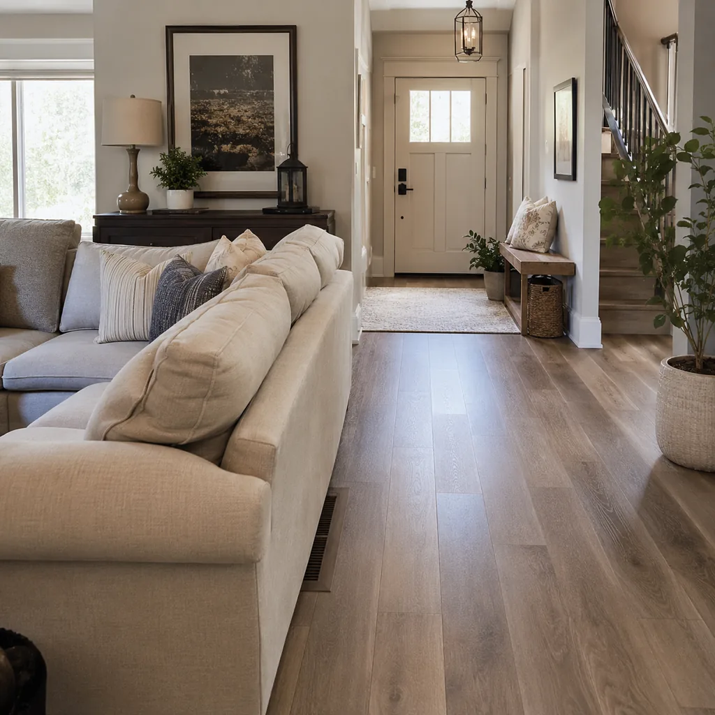 Realistic editorial photo of a staged home interior with living room, entry, lighting, furniture placement, and listing-photo details showing hvac vents blocked