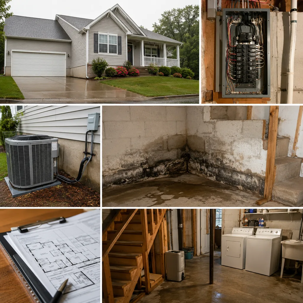 Realistic editorial photo of a suburban American home with appraisal paperwork, exterior details, utilities, and interior repair clues showing basement odor aft