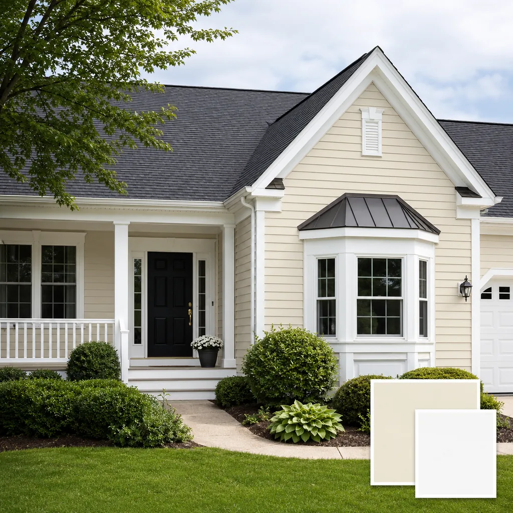 Realistic editorial photo of a suburban home exterior with siding, trim, roof, front door, lawn, and paint swatches showing pure white exterior trim on cream si