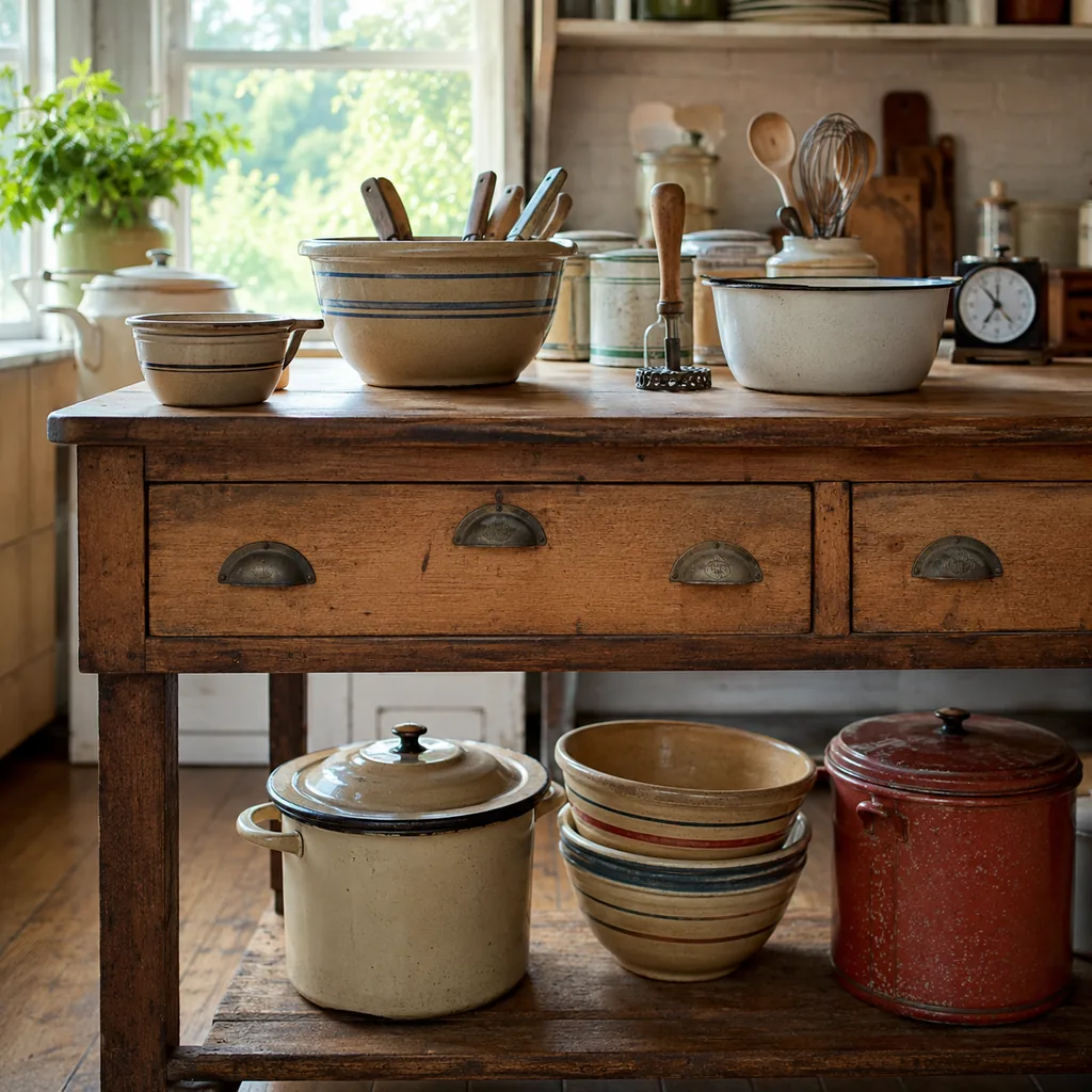 Realistic editorial photo of a vintage kitchen table with bowls, enamel cookware, utensils, tins, and warm window light showing maker's marks under drawers