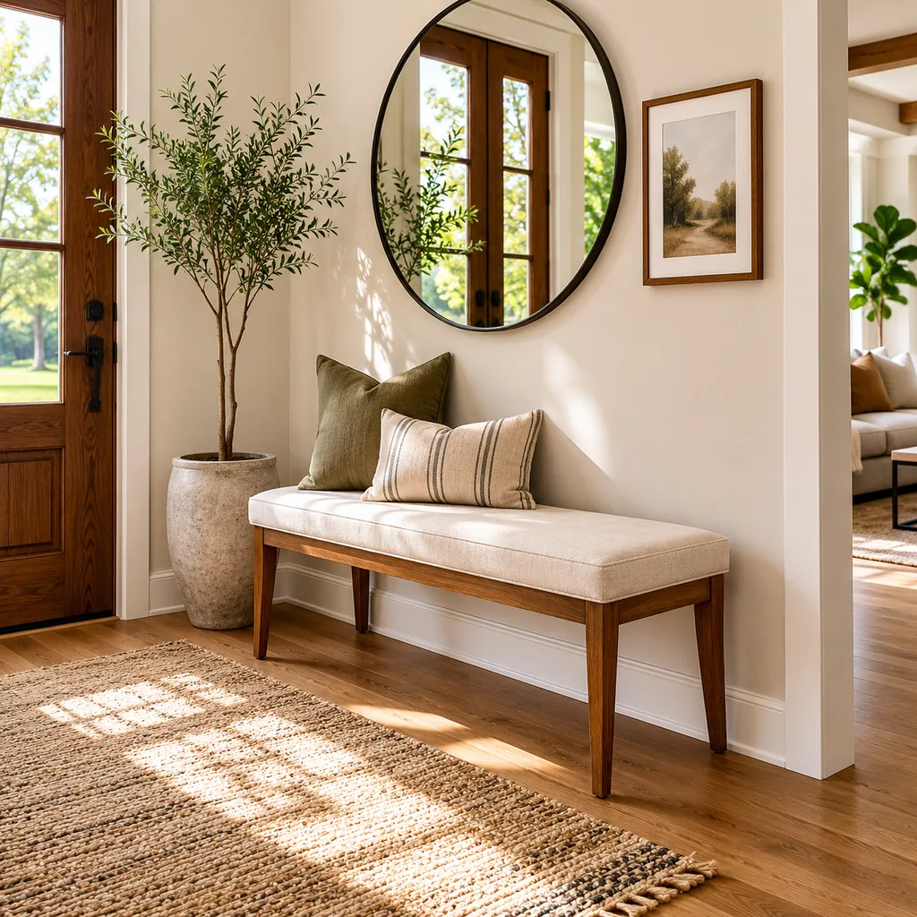 Realistic editorial photo of an American entryway showing using a bench with no storage