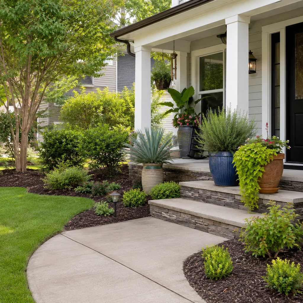 Realistic editorial photo of an American front yard with lawn, shrubs, walkway, mulch beds, trees, and a front porch showing container plants with different wat