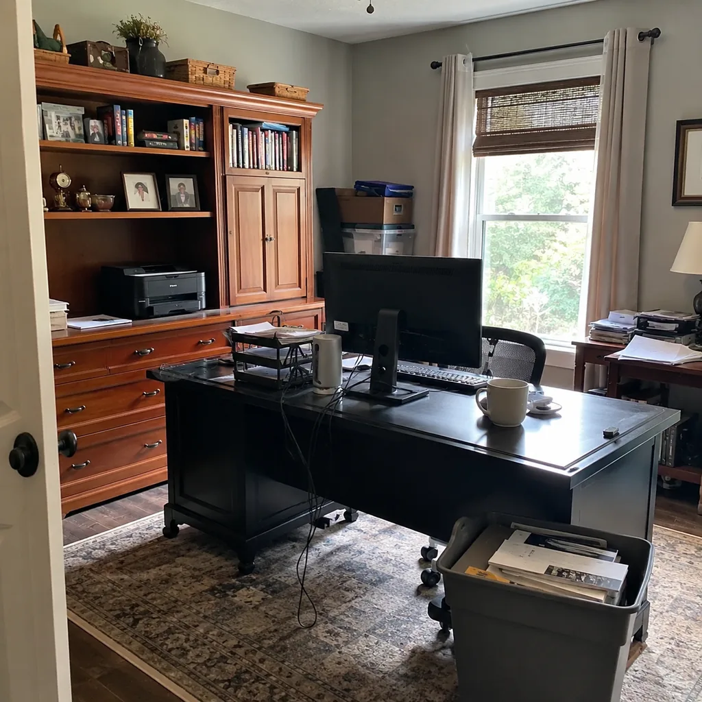 Realistic editorial photo of an American home office showing not matching storage to work type