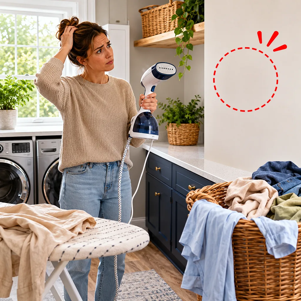 Realistic editorial photo of an American laundry room showing forgetting an outlet for steamers and irons