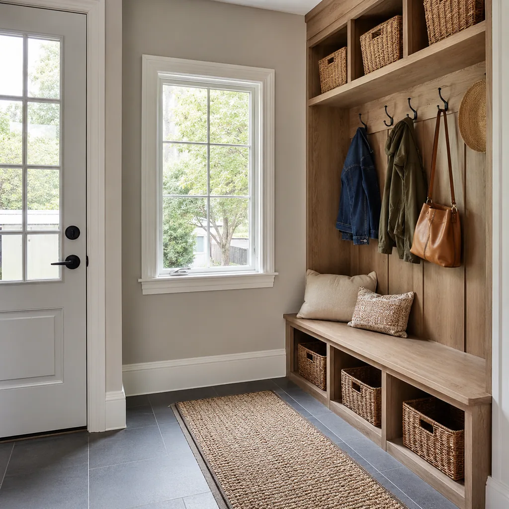 Realistic editorial photo of an American mudroom showing not adding an outlet