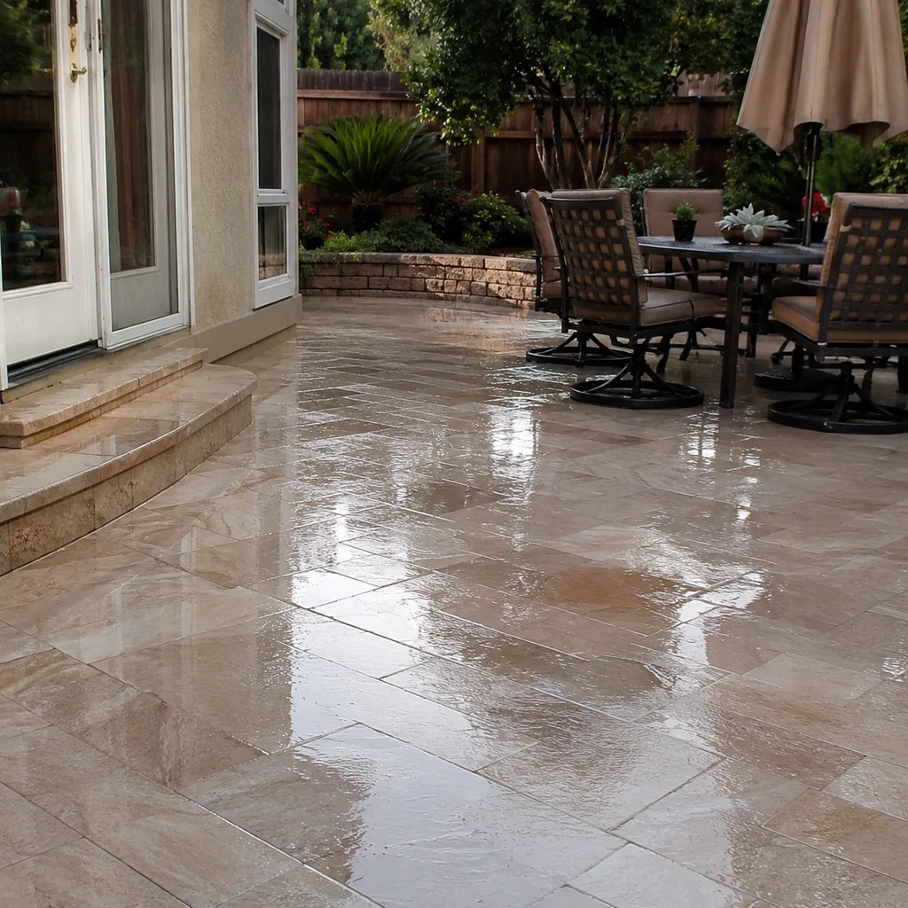 Realistic editorial photo of an American patio showing using slippery tile outside
