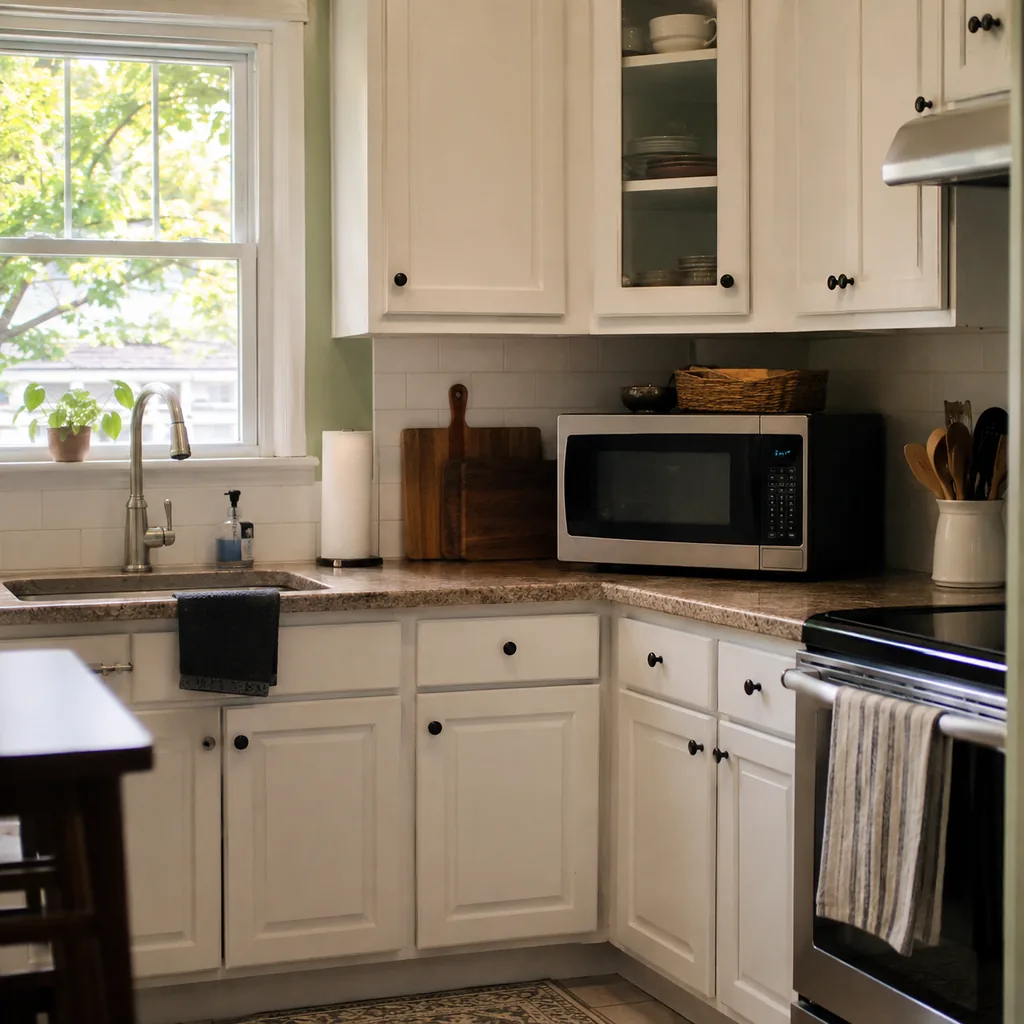 Realistic editorial photo of an American small kitchen showing leaving microwave on counter