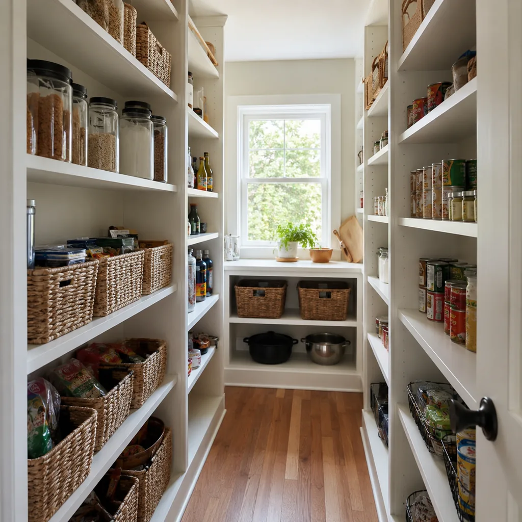 Realistic editorial photo of an American walk-in pantry showing skipping task lighting