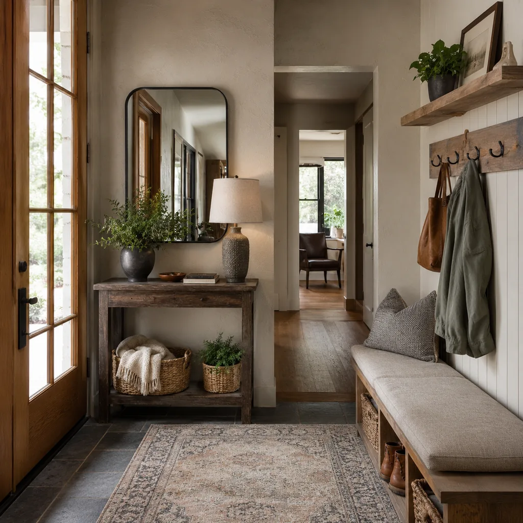 Realistic editorial photo of an entryway with console table, mirror, bench, hooks, rug, lighting, and storage showing textured walls that do not fight the decor