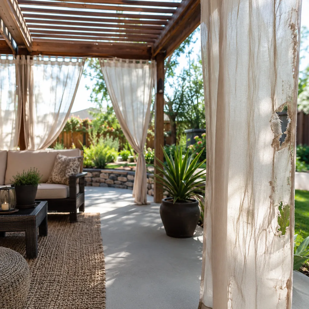 Realistic editorial photo of an outdoor patio with pergola curtains, seating, plants, fabric panels, and sunlight showing fabric too delicate for a high-traffic
