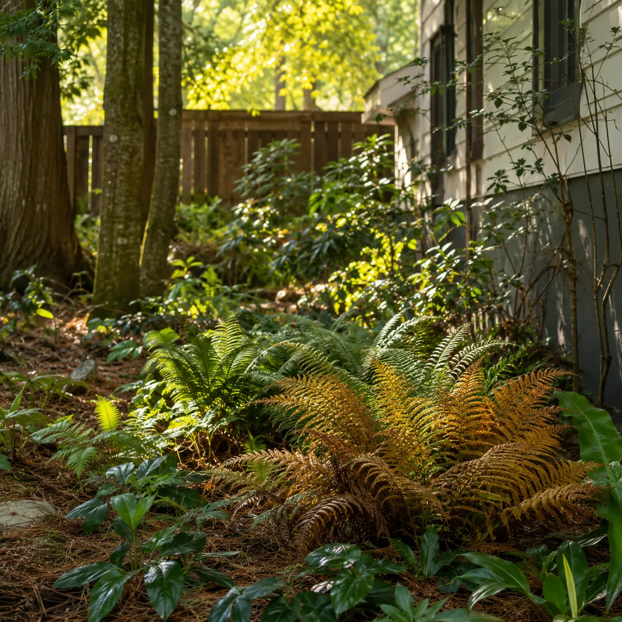 Realistic editorial photo of Autumn fern growing in dry shady side yard under mature trees planted with shade tolerant p