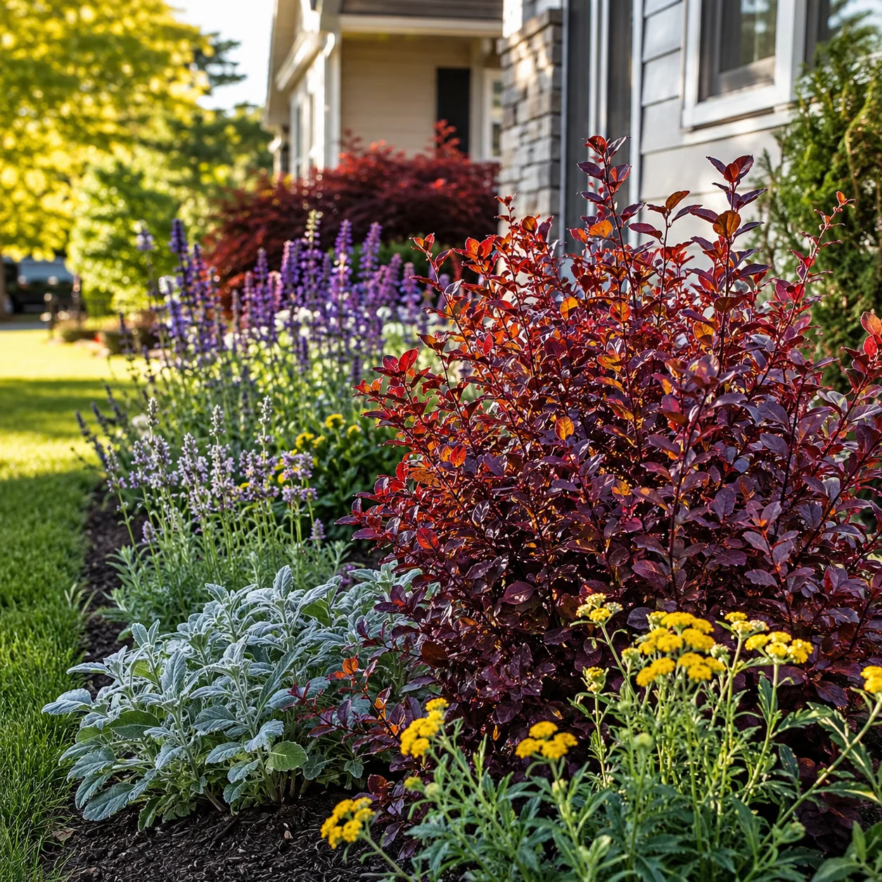 Realistic editorial photo of Barberry with local caution growing in front yard border with deer resistant flowering plan