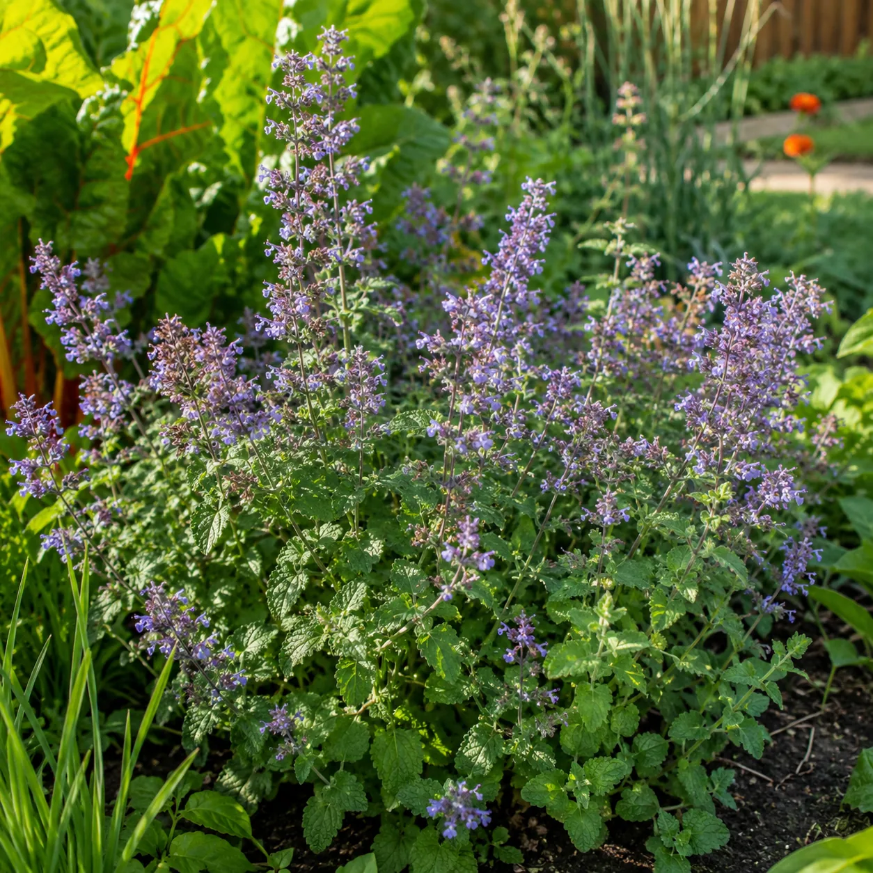 Realistic editorial photo of Catnip away from paths growing in a practical edible and flower garden, realistic editorial