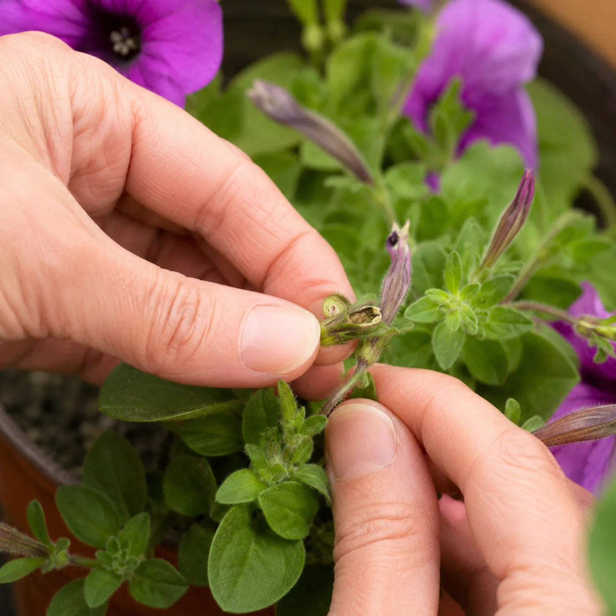 Realistic editorial photo of close inspection of petunia buds for budworm damage, warm natural light, practical home gar