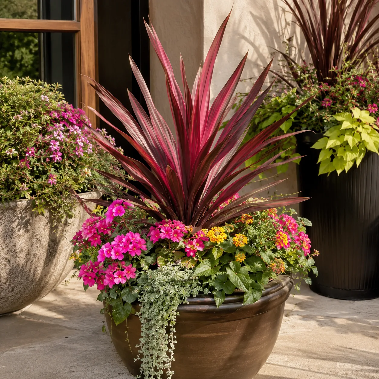 Realistic editorial photo of Cordyline growing in sunny patio containers with heat tolerant flowering plants, realistic 