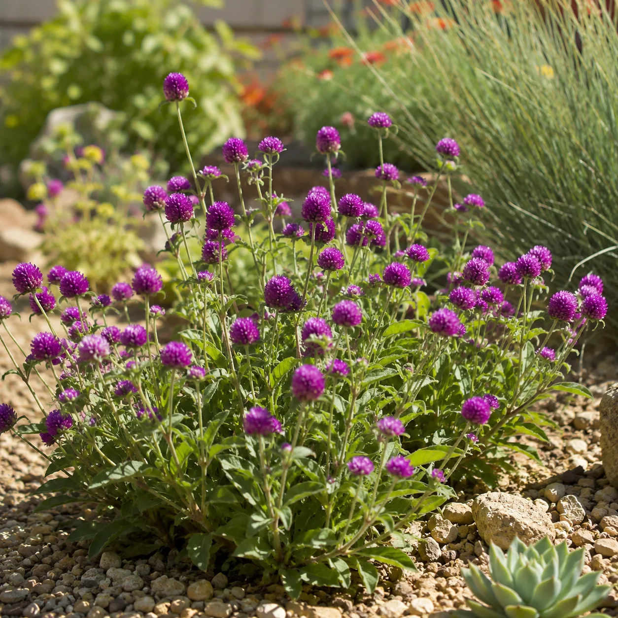 Realistic editorial photo of Globe amaranth growing in sunny drought tolerant flower bed in summer heat, realistic edito