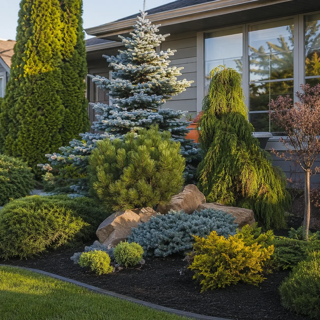 Realistic editorial photo of layer evergreen structure in polished suburban front yard, realistic editorial photo, natur