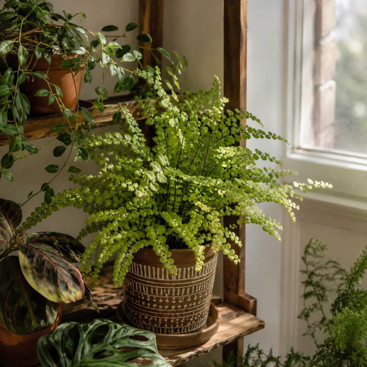 Realistic editorial photo of Lemon button fern growing in low light room corner with houseplants near a window, realisti