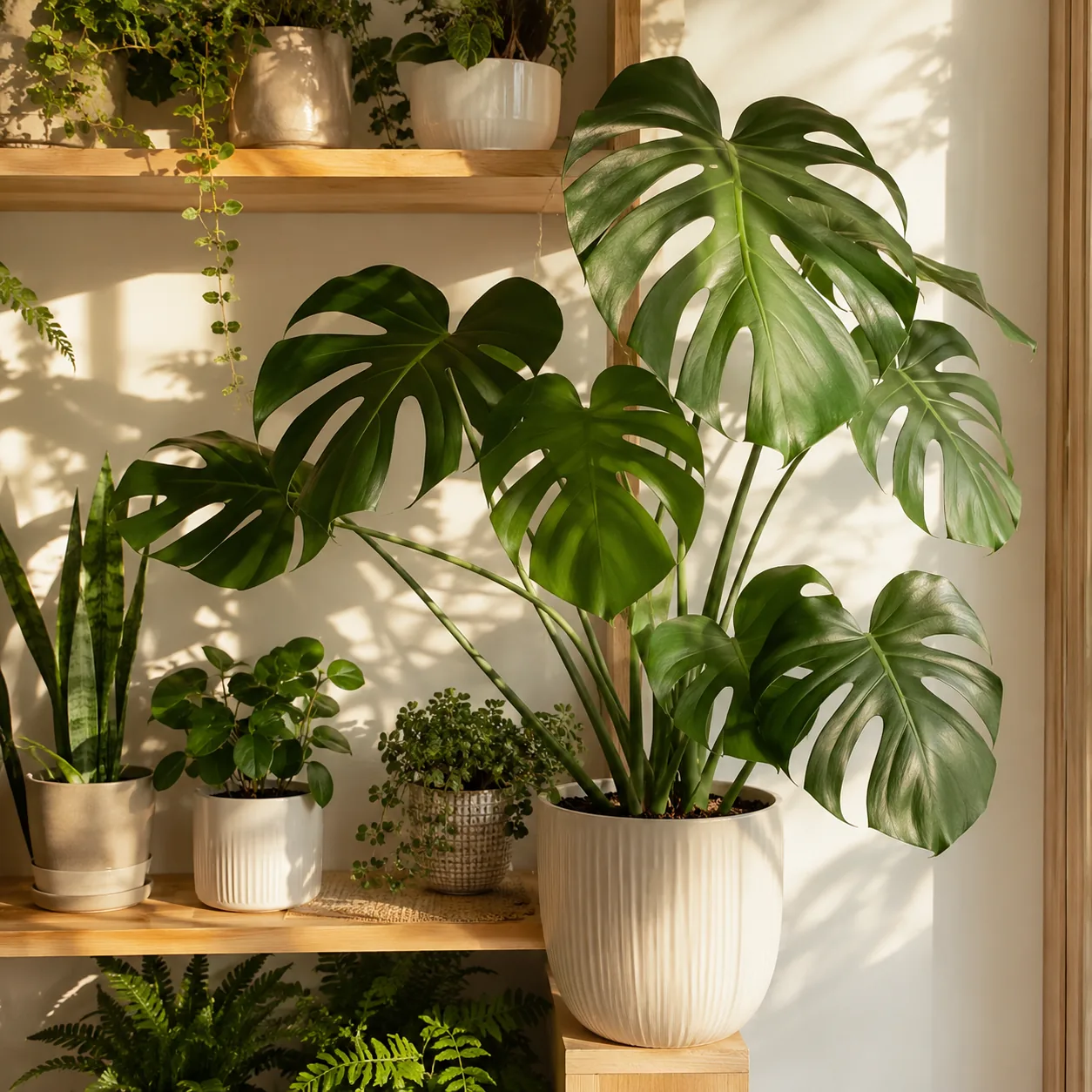 Realistic editorial photo of Monstera deliciosa growing in bright indoor shelf with low maintenance houseplants, realist