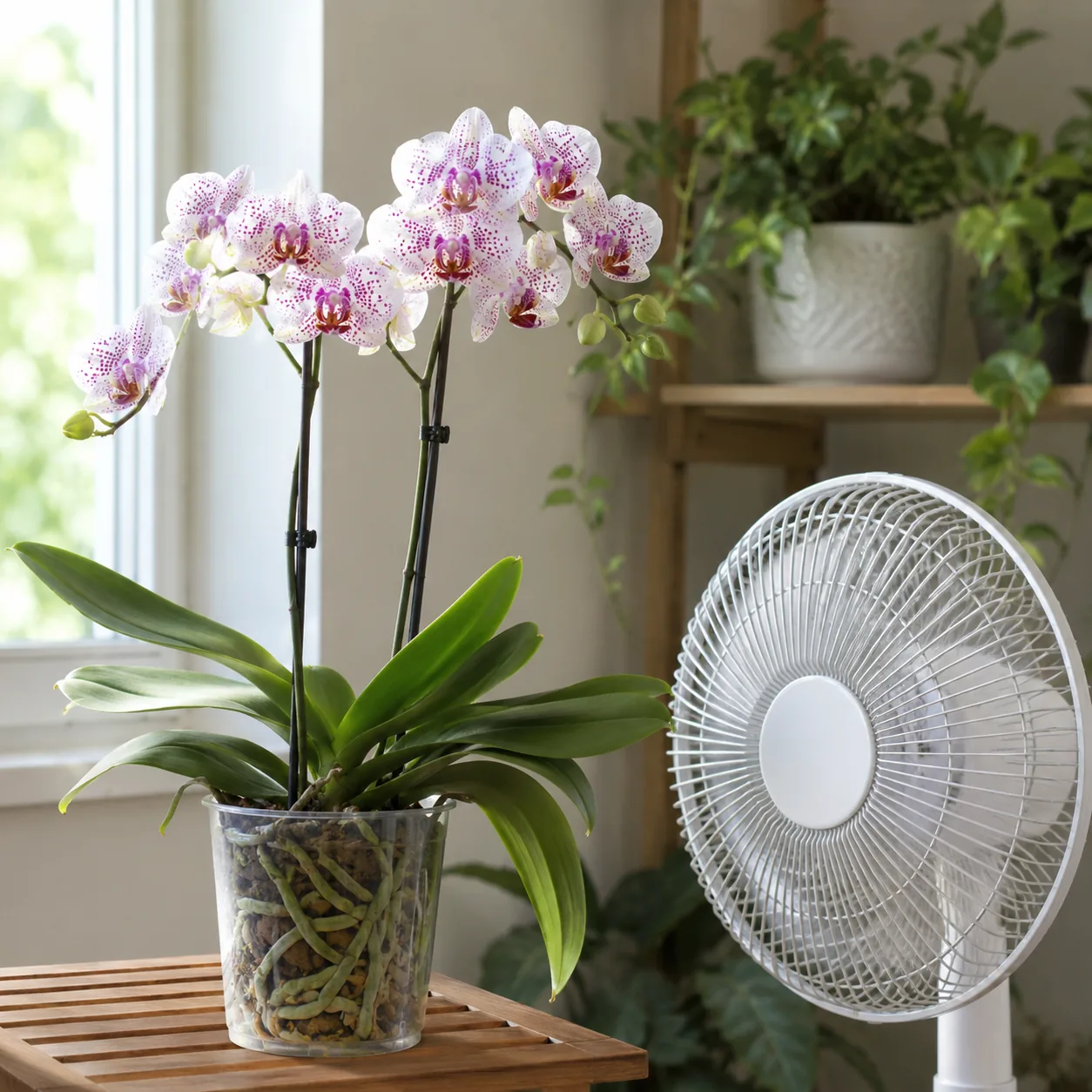 Realistic editorial photo of orchid in bright room with gentle fan airflow nearby, warm natural light, practical home ga