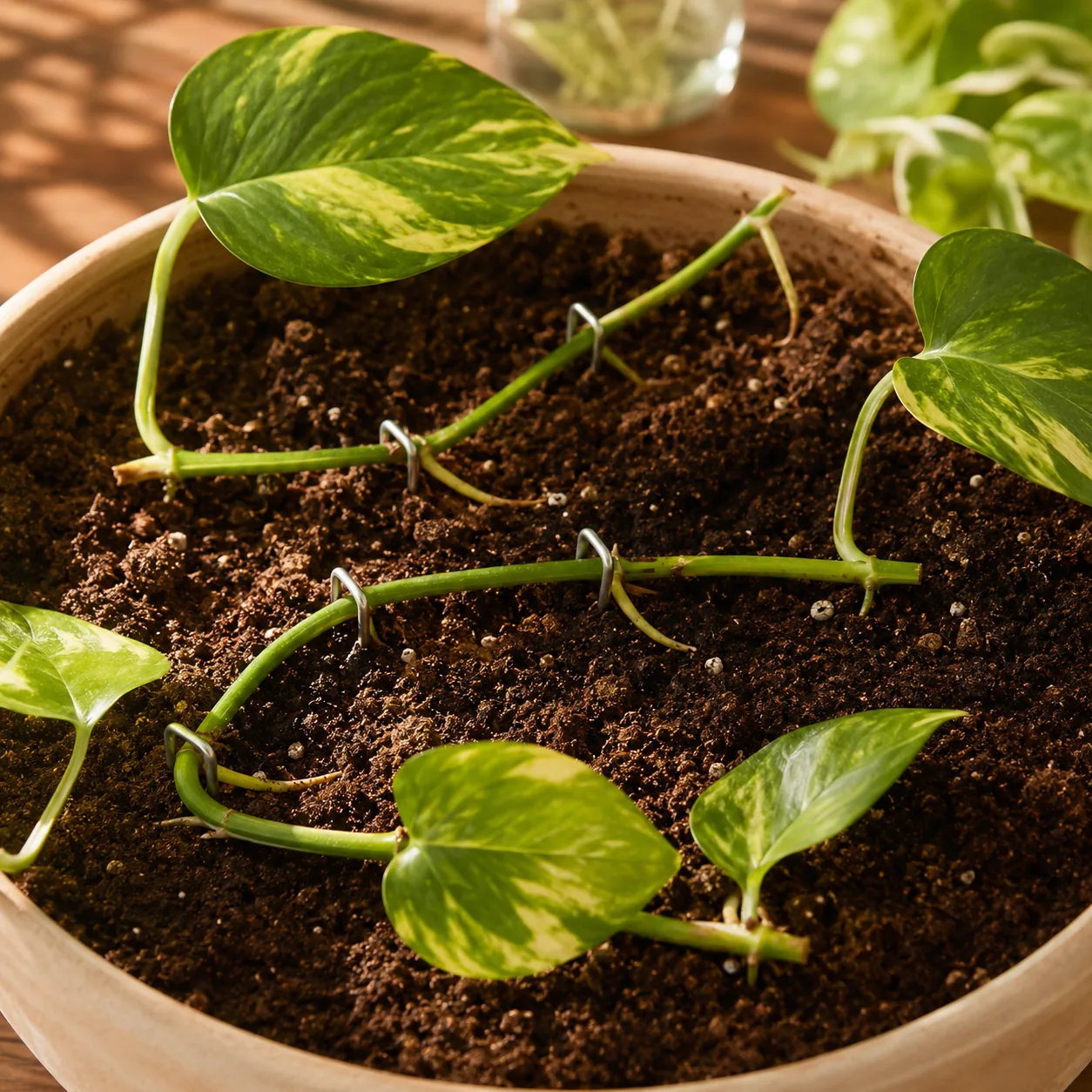Realistic editorial photo of pothos vine pinned gently across soil surface to encourage rooting, warm natural light, pra