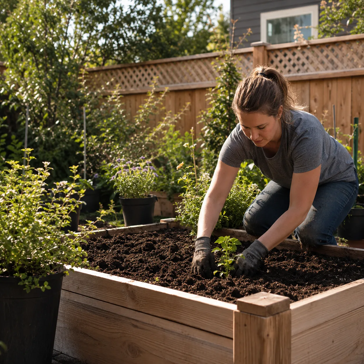 Realistic editorial photo of raise one planting bed in small fenced backyard, realistic editorial photo, natural light, 
