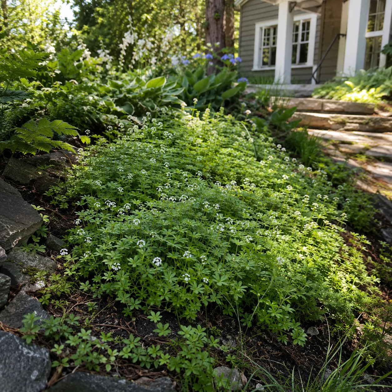 Realistic editorial photo of Sweet woodruff in contained shade growing in sloped front yard planted with controlled grou