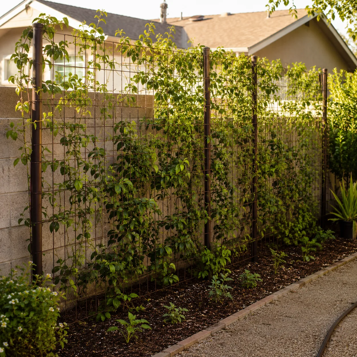 Realistic editorial photo of wire grid vine wall in an ordinary backyard needing privacy, realistic editorial photo, nat