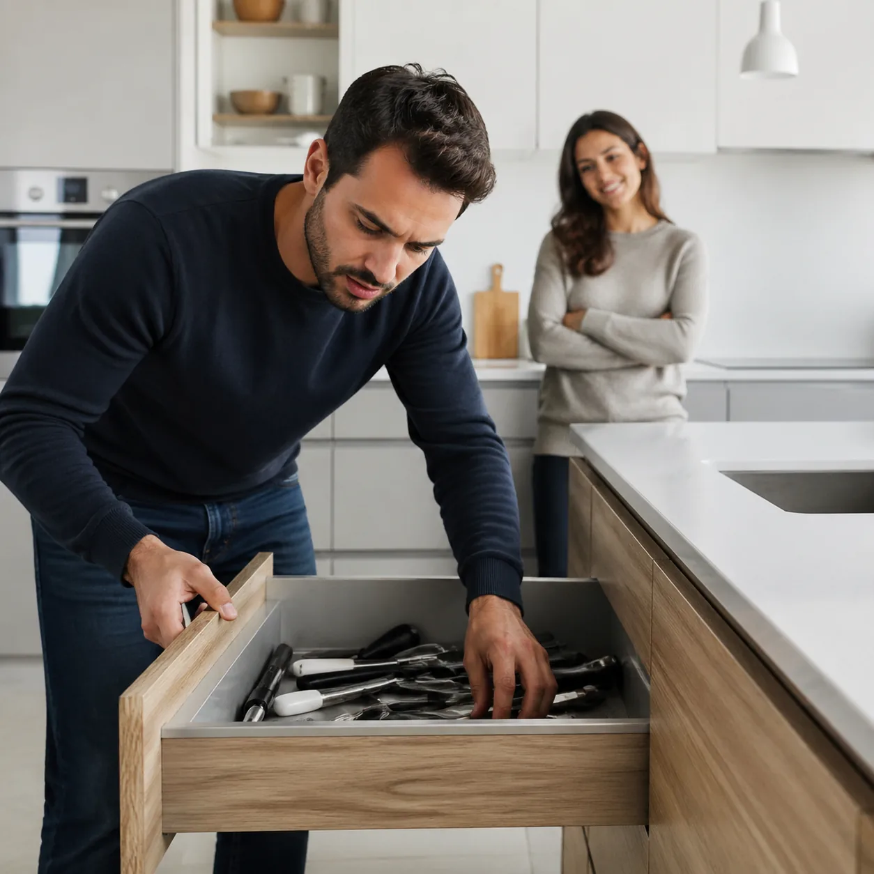 Realistic lifestyle photo of a husband searching through a kitchen drawer looking puzzled while his wife smiles innocent