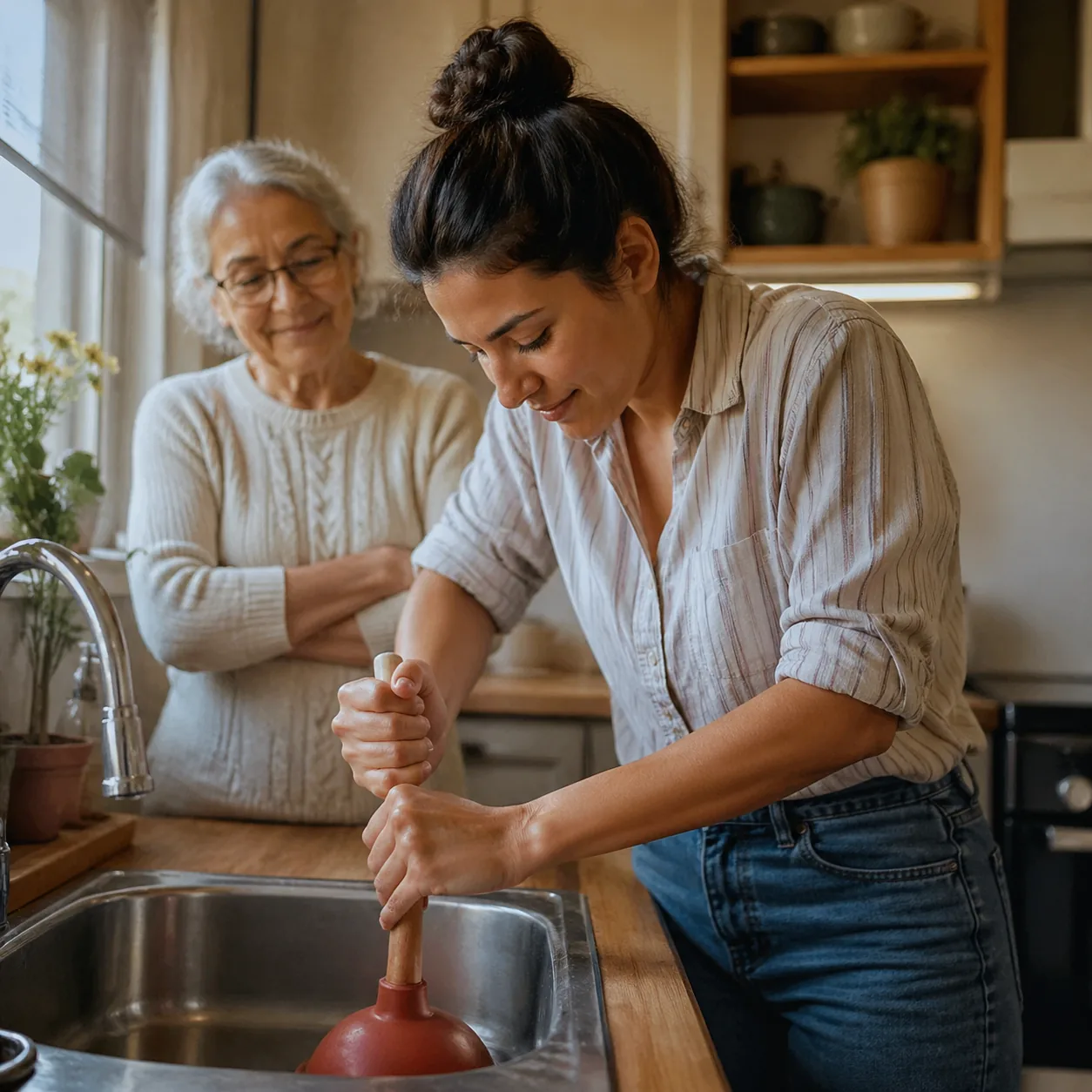 Warm editorial photo of a young woman confidently using a plunger on a kitchen sink, sleeves rolled up, grandmother nodd