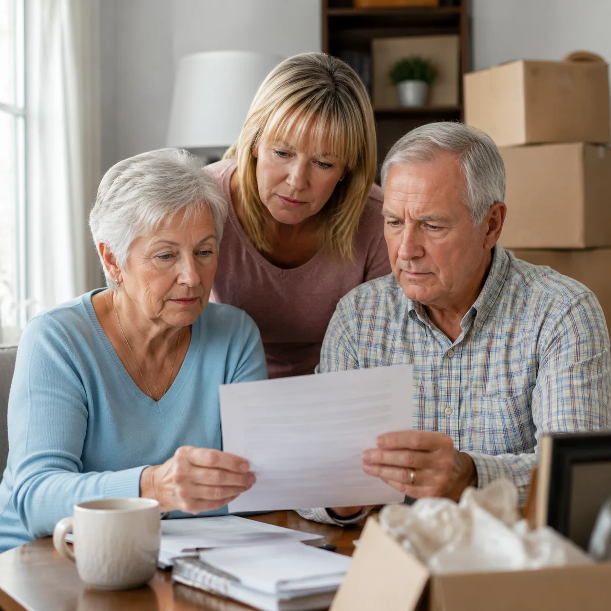 family reading assisted living move-out clause with packed boxes nearby, realistic editorial lifestyle photography for A