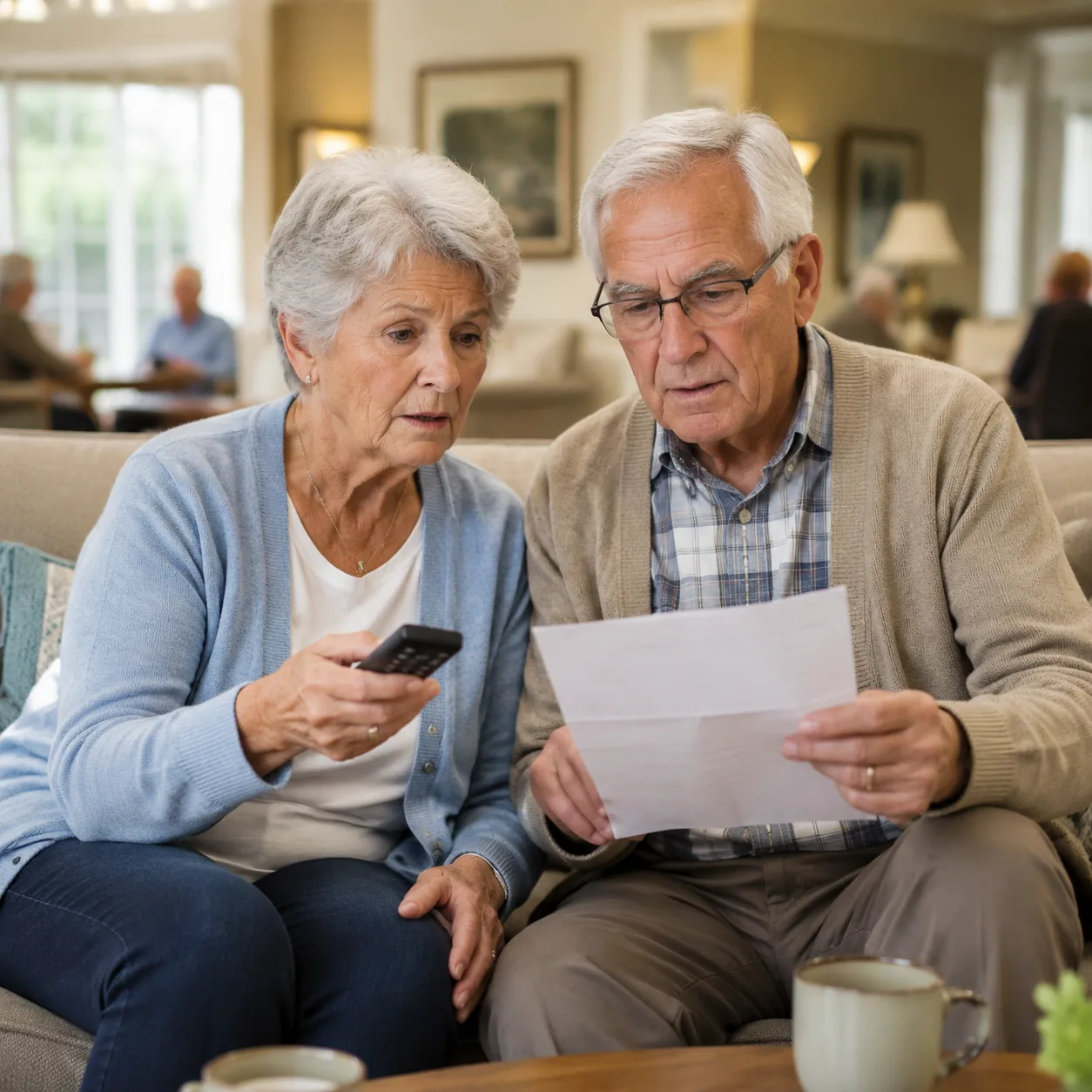 older couple looking at television remote and internet bill in retirement community living room, realistic editorial lif