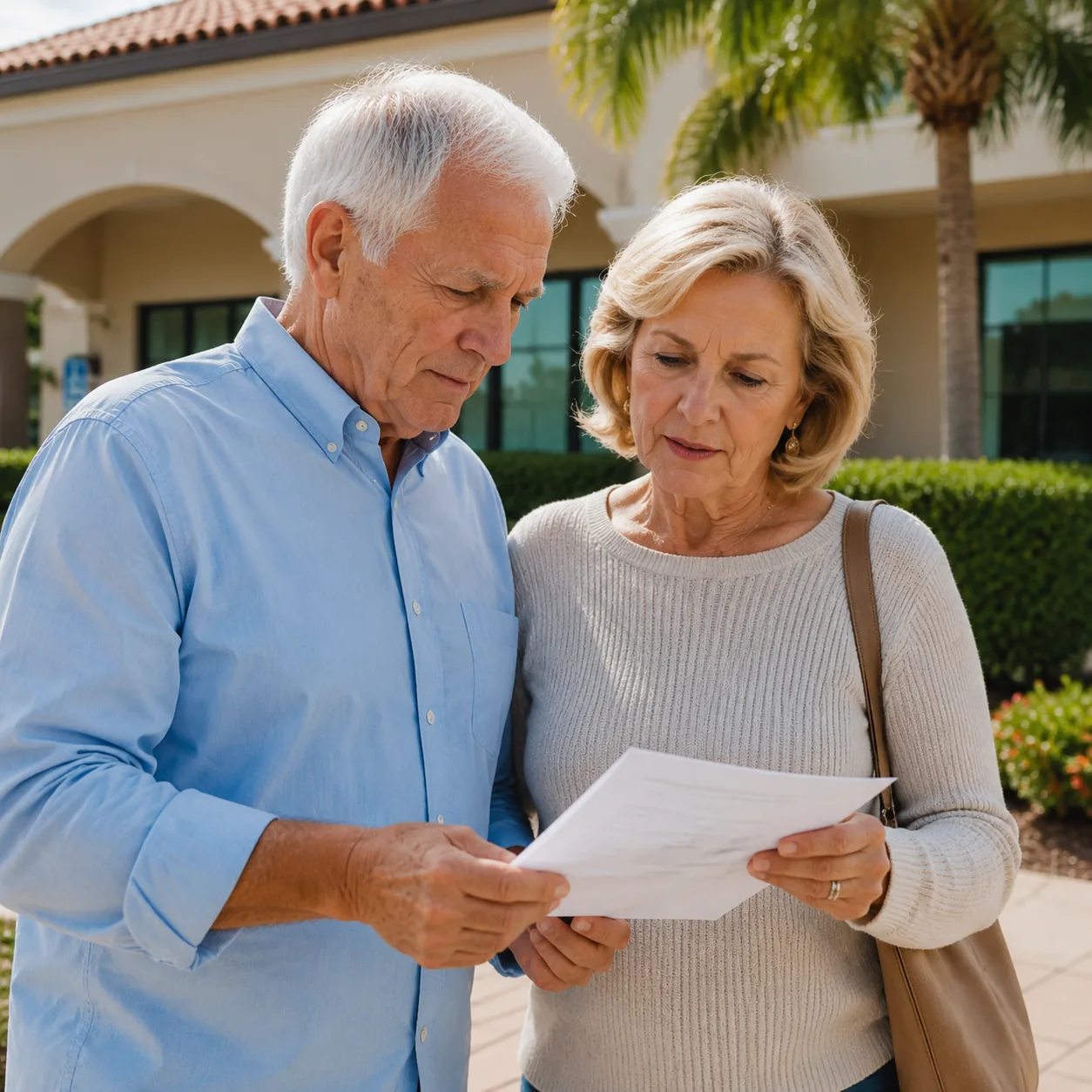 older couple outside Florida medical office reviewing appointment paperwork, realistic editorial lifestyle photography f