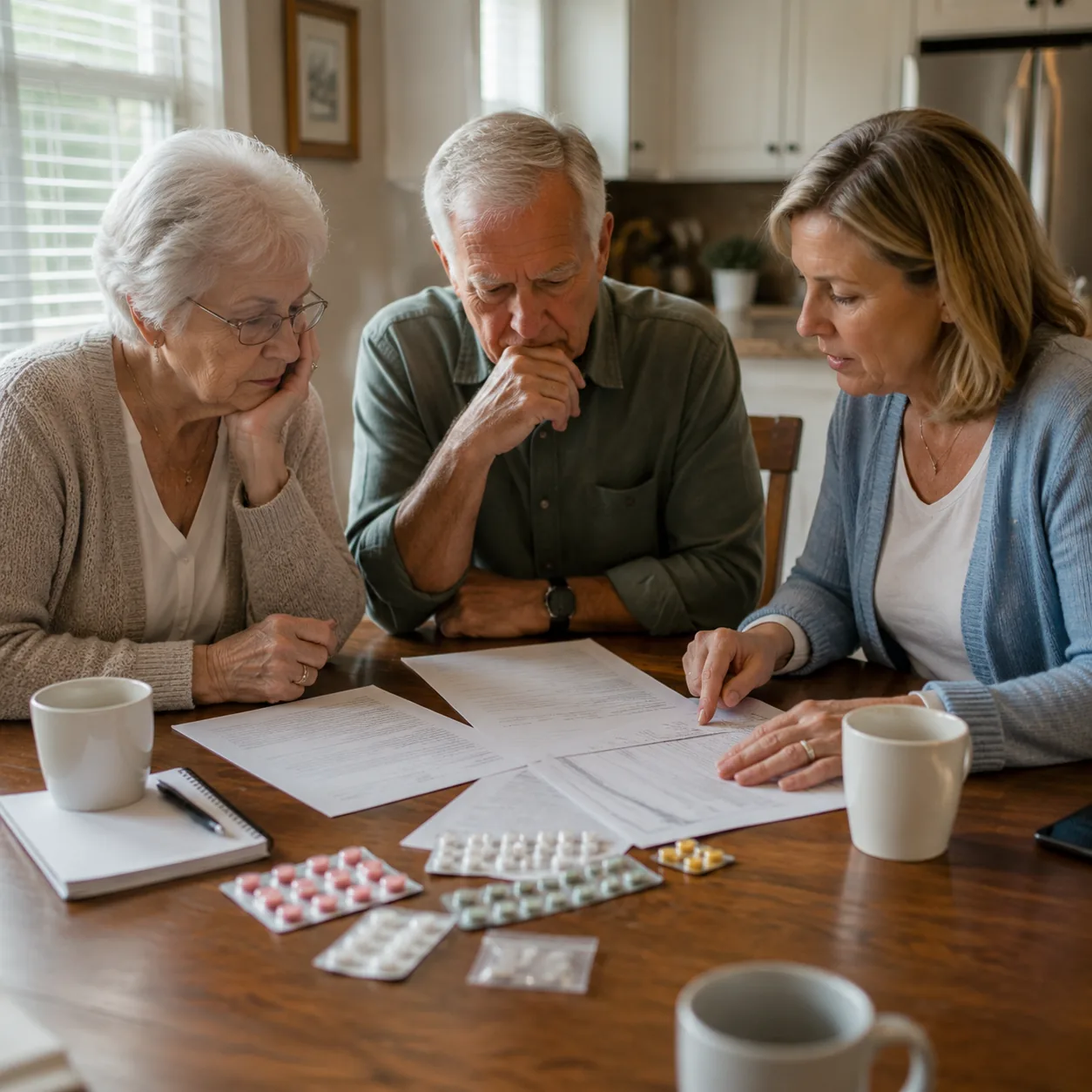 pharmacy blister packs and assisted living paperwork on a family dining table, realistic editorial lifestyle photography