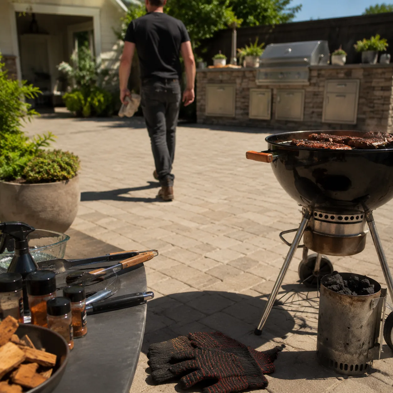 Realistic editorial backyard barbecue scene with grill tools, charcoal, spices, and gloves scattered far from the outdoo