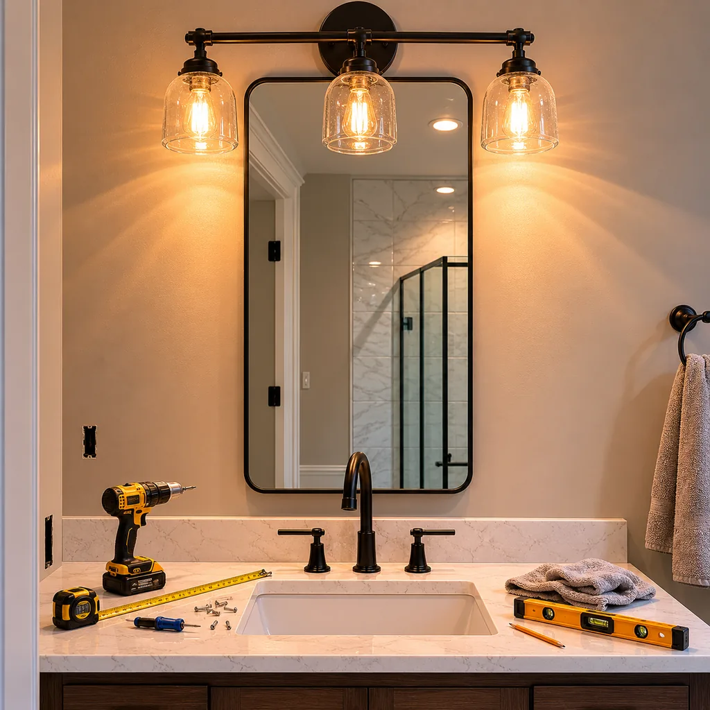 Realistic editorial photo of a bathroom vanity mirror that is too narrow for the sink and lights, with installation tools on the counter, remodel detail scene