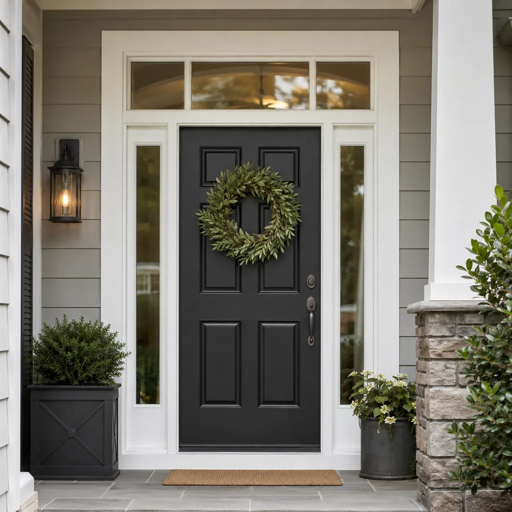 Realistic editorial photo of a black front door on an American home with trim, planters, hardware, and porch details showing door wreath that does not hide the 