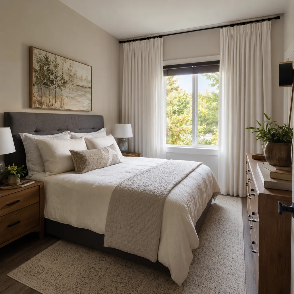 Realistic editorial photo of a compact American bedroom with bed, nightstands, window, dresser, and tight walkways showing curtains hung close to the ceiling