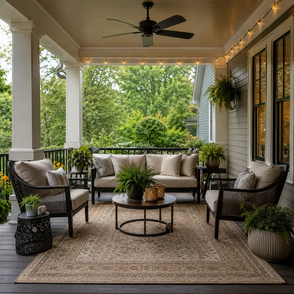 Realistic editorial photo of a covered porch with chairs, ceiling fan, plants, side tables, rug, and outdoor living details showing porch rug that anchors seati