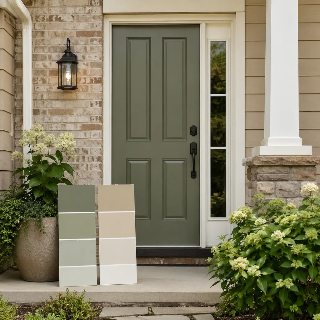 Realistic editorial photo of a front entry with door paint samples, brick, siding, plants, and trim showing muted green that makes beige look cleaner