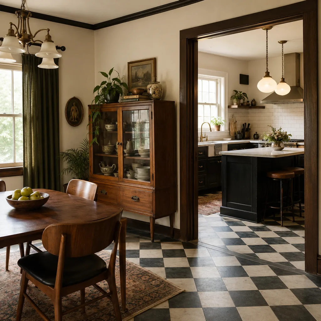 Realistic editorial photo of a home interior with vintage decor, modern furniture, warm wood, patterned accents, and layered lighting showing checkerboard floor