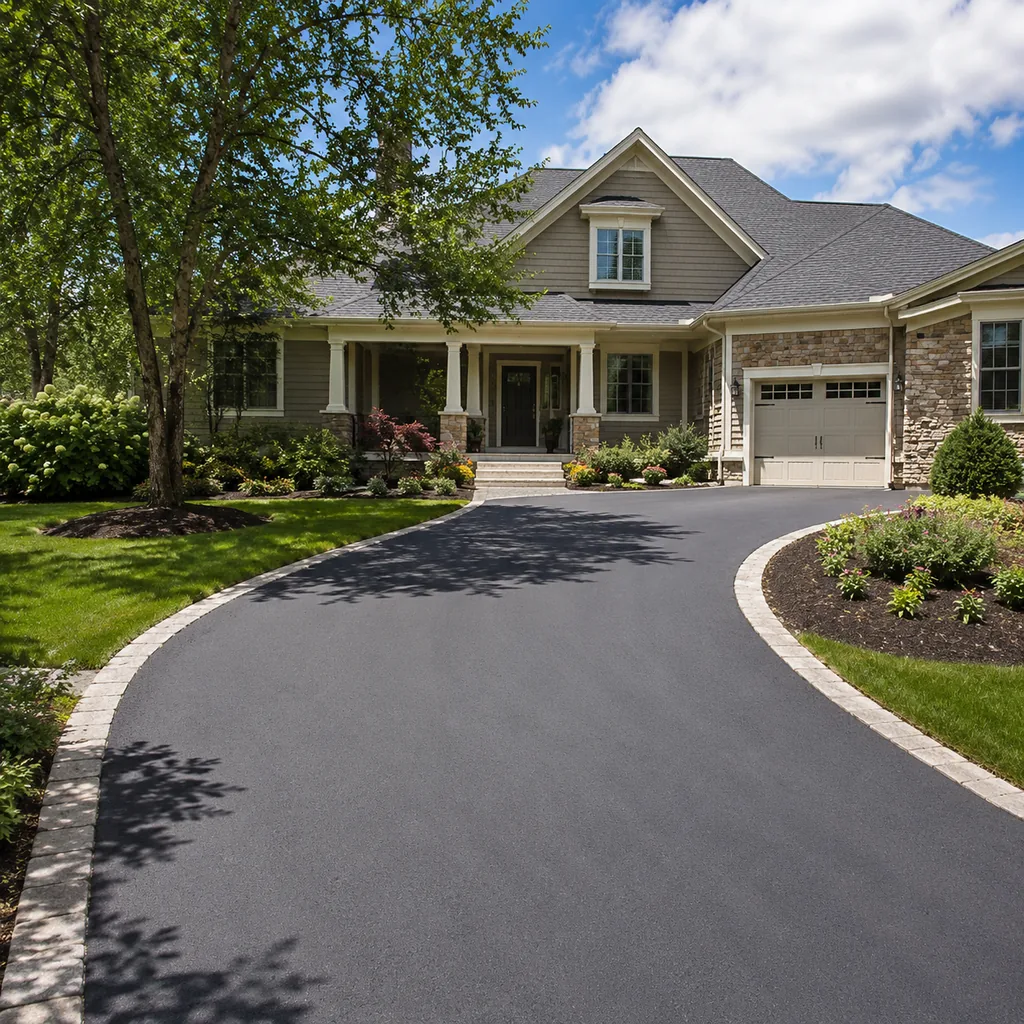 Realistic editorial photo of a landscaped American front yard with lawn, shrubs, mulch beds, trees, walkway, and house exterior showing driveway view that domin