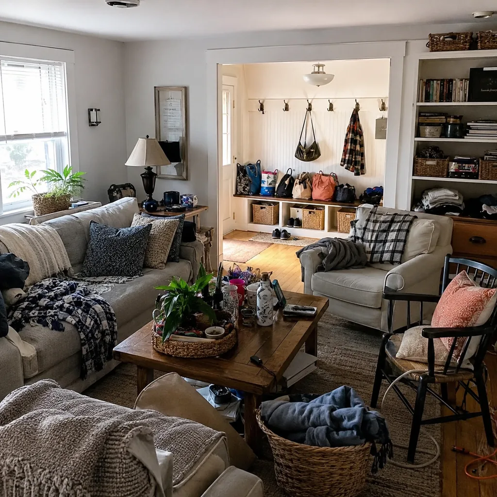 Realistic editorial photo of a living room with crowded surfaces, extra chairs, baskets, blankets, cords, and storage furniture showing mudroom bench covered in