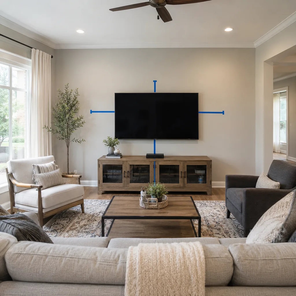 Realistic editorial photo of a living room with sofa, chairs, rug, TV, windows, and taped layout marks showing tv height that does not strain the neck